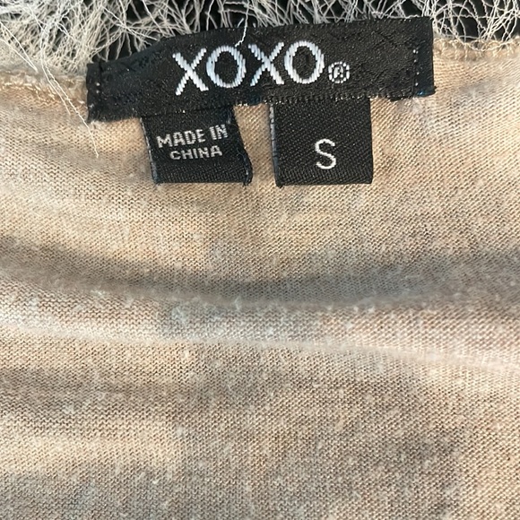 Y2K XOXO top tan cream cutouts fring scoop neck 3/4 sleeve gathered waist size S - Picture 10 of 10